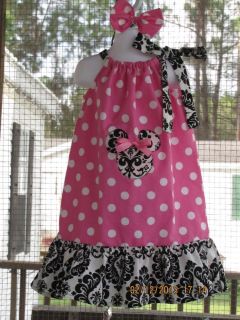 Free Bow Minnie Mouse Damask Pink Dot Handmade Pillowcase Dress Fits 3M Up to 5T