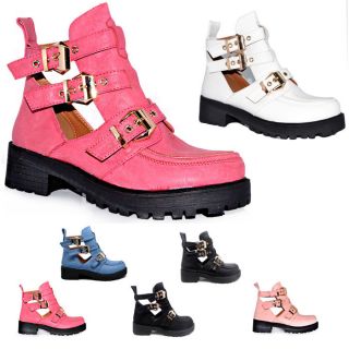 New Ladies Womens Chunky Buckle Cut Out Flat Heel Biker Ankle Boots Shoes UK 3 8