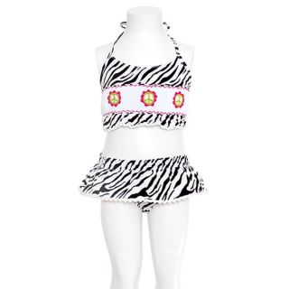 Toddler Girls Size 2T Zebra Stripe Peace Sign Smocked 2pc Swimsuit