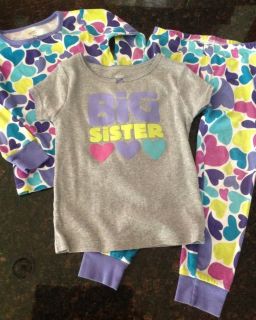 Big Sister Pajama Set Girl 4T Hearts Carter's 3 Piece Set Sleepwear