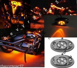 2 Orange Amber LED Chrome Modules Motorcycle Chopper Frame Neon Glow Lights Pods