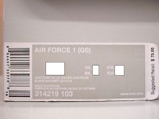 314219 103 Girls Youth Nike Air Force 1 White Metallic Silver Rose Sneakers