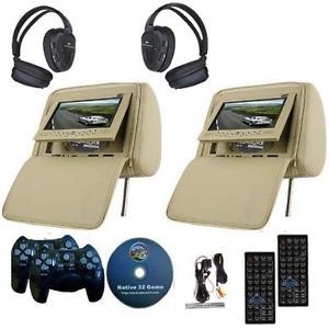 Dual Beige Headrest 7"LCD Car Monitor DVD Player FM Transmitter Controller Cover