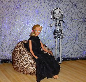 Monster High or Barbie Size Bean Bag Chair for Doll Black Brown Gold Leopard