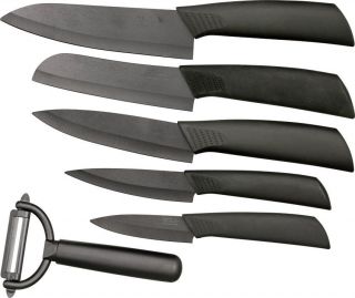 Hen Rooster Black 6 Piece Ceramic Kitchen Knives Set New