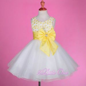 Bow Tulle Dress Wedding Flower Girl Pageant White Yellow Toddler Sz 2T 3T 246