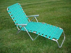 Vintage Aluminum Webbed Folding Lawn Chair Lounge Chaise Green White ...