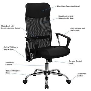 Executive High Mesh Back Black Split Leather Chair Seat Computer Office Tilt