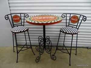 Vintage Coca Cola Pub Table and Chairs Wrought Iron Bases Great Look Very Cute