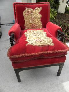 50's Chinese Chippendale Red Velvet Embroidered Arm Lounge Chair