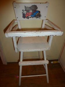 White Wood Doll High Chair Pattern of Kitty Cat Puppy Dog w Flip Tray