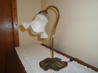 Vintage Lily Pad Gooseneck Desk Table Lamp Brass Frosted Glass Tulip Shade