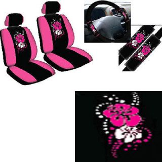 9pc Pink Hawaiian Floral Flower Front Bucket Car Seat Covers Steering Wheel Belt