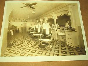 Early 1900s Big Photo Barber Shop Interior Four Chairs Tin Ceiling Photograph