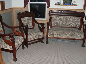 Antique Carved Mahogany Lions Head Wings Paws Settee Chair Rocking Chair Set