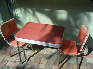 Mad Men Art Deco Vintage 50's RARE Childs Red Formica Table and Pair of Chairs