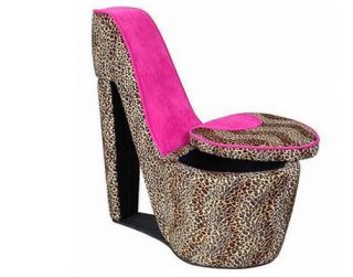 High Heel Shoe Chair Leopard Animal Print Stool Seat Storage Compartment Pink