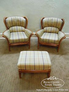 Lane Venture Rattan Upholstered Pair of Living Room Wing Chairs w Ottoman