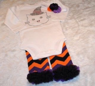 New Baby Girls White Hello Kitty Halloween Bodysuit Outfit Onesie Romper 3pc Set