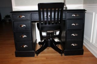 Antique Solid Wood Keyhole Black Desk Glass Top and Chair with Caster Wheels