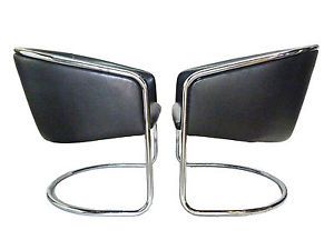 Thonet Cantilever Club Barrel Lounge Chairs Black Leather Chrome Modern Vintage