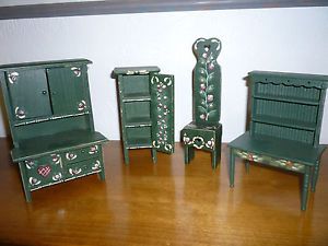 Set of 4 Wooden Handpainted Doll House Furniture Hutch Cabinet Chair Sideboard