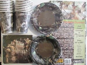 Hunting Camping Camo Party Supplies Kit w Reusable Table Cover Bowl Plates