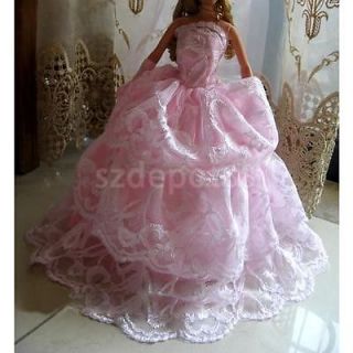 Pink Mesh Princess Wedding Party Dress Gown Clothing for Barbie Flower Pattern