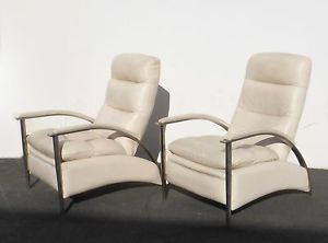 Pair Vintage Mid Century Contemporary Ethan Allen Chrome Leather Recliner Chairs