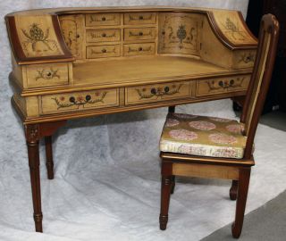 Chinese Piano Shape Desk and Chair Antique Yellow Pineapple Design Asian
