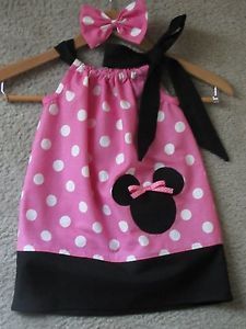 Minnie Mouse Black Pink Polka Dot Handmade Pillowcase Dress Fits 3M Up to 6Y