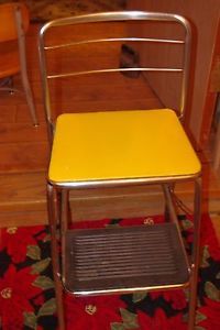 Mid Century Cosco Folding Step Stool Chair Yellow Vinyl Seat with Chrome Frame