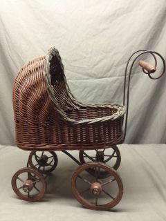 Vintage Baby Doll Stroller Carriage Basket Moving Wheels Woven Wicker