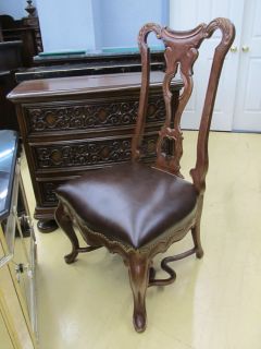6 Maitland Smith Carved Mahogany Brown Leather Side Dining Chair Set