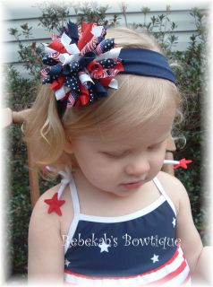 July 4th Hair Bow Red White Blue Flag USA Military Headband Clip Patriotic Girls