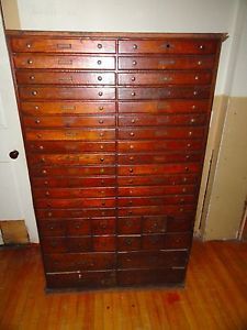 Antique Vintage LG Oak Wood Wooden File Card Cabinet 44 Drawer Office Furniture