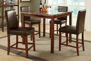 5pc Counter Height Pub Dining Set Faux Marble Table Faux Leather High Chairs