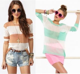 New Womens European Fashion Crew Neck Striped Pocket Knit Sweaters 2 Colors B538
