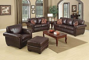 4pcs Modern Brown Leather Sofa Loveseat Chair Ottoman Living Room Set TBQS726P1A