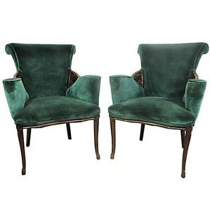 Pair Vtg Carved French Winged Green Mohair Fireside Arm Chairs Hollywood Regency
