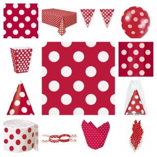 Red and White Polka Dot Spotty Party Decorations Napkins Tablecover Hats Flags
