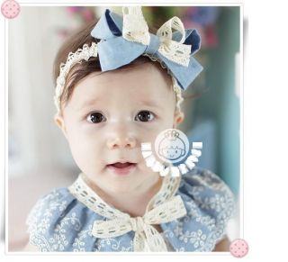 Newborn Baby Toddler Girls Large Ribbon Lace Headband Light Blue Bule Eyelet