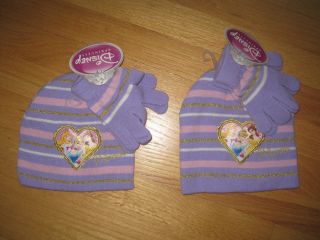 Twin Girls Disney Princess Winter Lavender Hats Gloves Set 3T 4T 4 5T 5