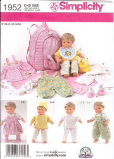 Baby Doll Clothes Pattern Simplicity 1952 Carrier Dress Overalls Hat Fits Bitty