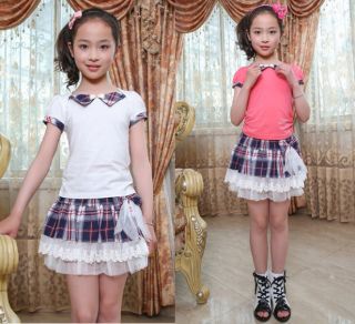 New Cute Girls Clothing Short Sleeved Tops and Plaid Skirt Outfits Sets Sz4 8Y