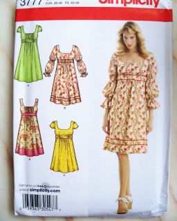 Simplicity 3777 Sewing Pattern Boho Hippie Baby Doll Empire Waist Dress 4 12