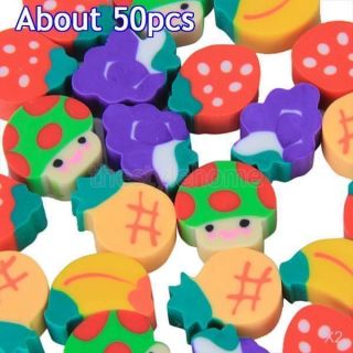 2X 50pcs Mini Small Assorted Fruit Shape Erasers Kids Fun Stationary New