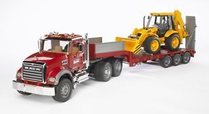 Mack Granite Flatbed Truck Semi JCB Backhoe Loader Bruder New Toy Trailer