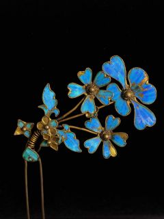 Antique Kingfisher Feathers Hair Pin Stick Flowers