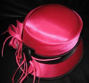 Hat Hot Pink Fuchsia Black Trim Elegant Tea Church Ascot Derby Feathers Ribbons